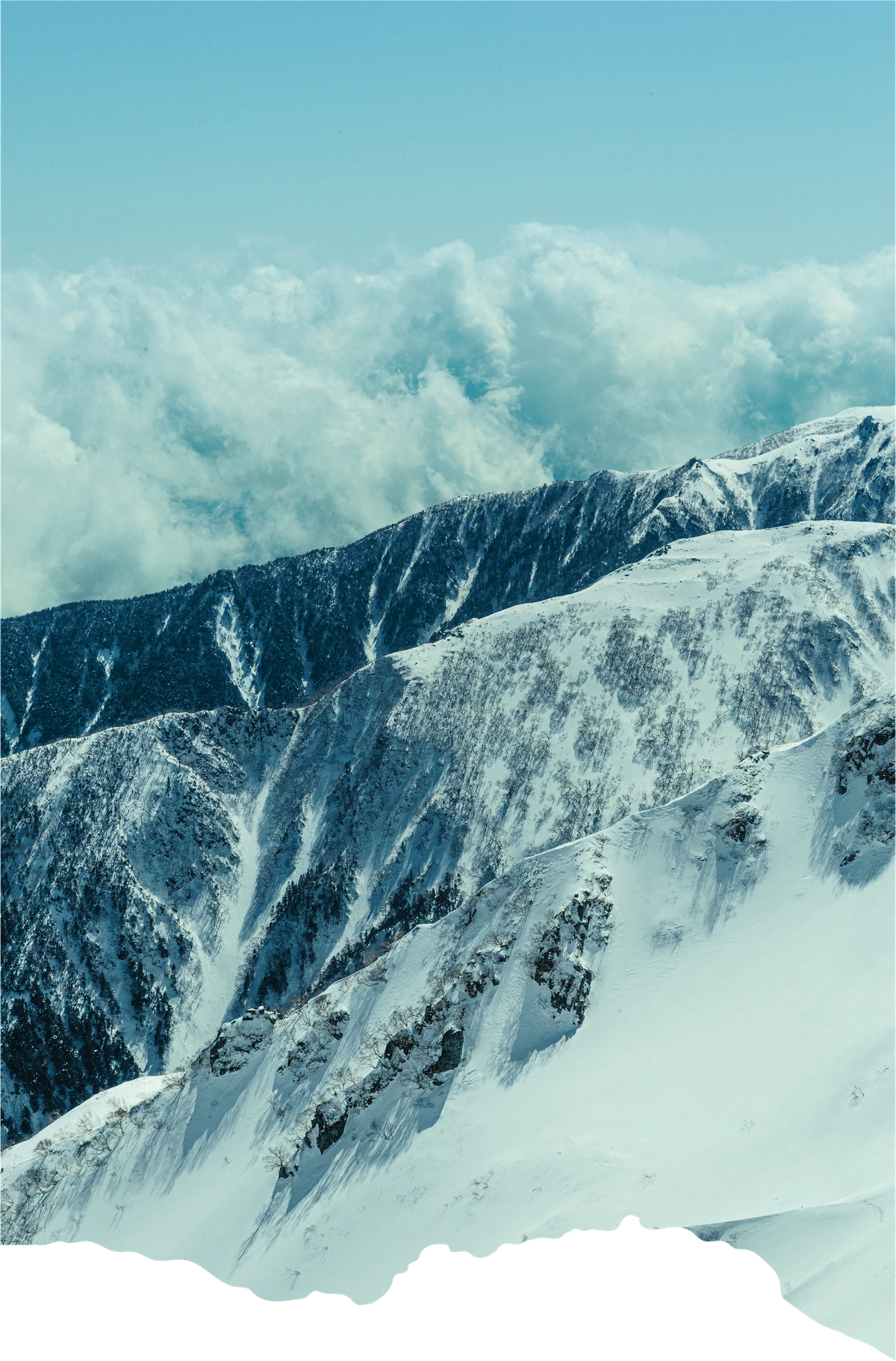 青空の下に連なる雪山の稜線